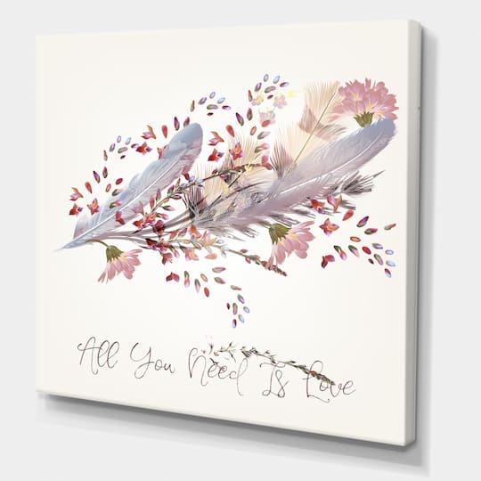 Designart - Pink Feathers and Bird All You Need Is Love